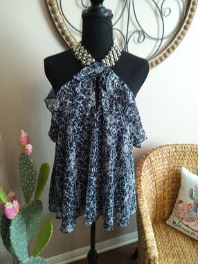 Jennifer Lopez Navy Floral Embellished Halter Camisole